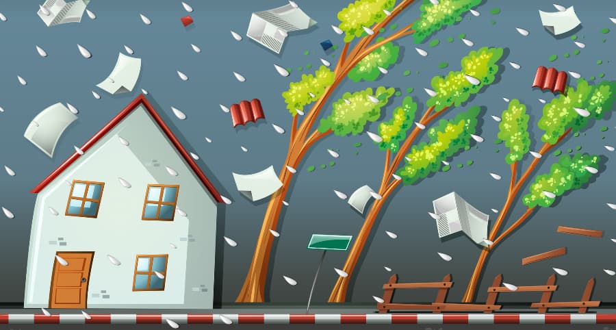 Graphic of a storm striking a home and the surrounding environs